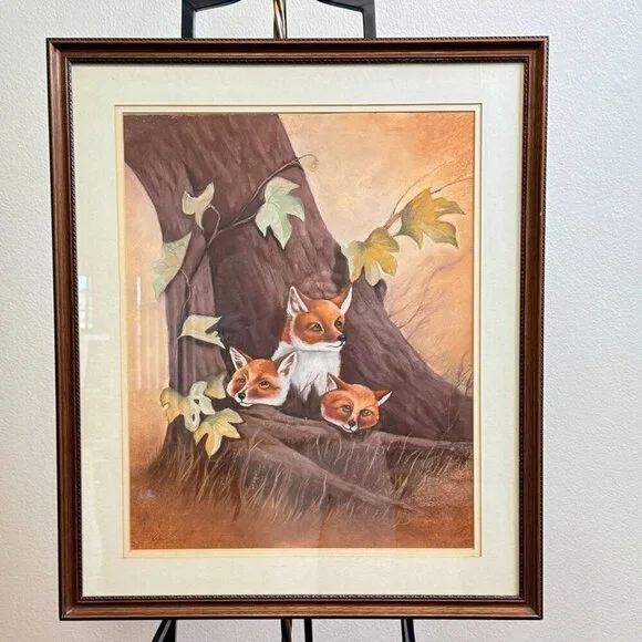 Vintage Unique Framed Fox Family Original Painting Artwork 22"x 25" - Picture 11 of 16